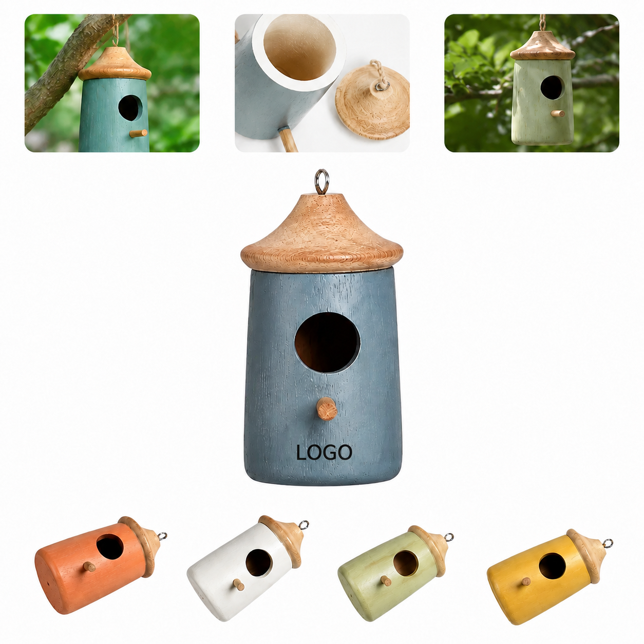 Vibrant Rustic Wood Birdhouse with Integrated Hanging Loop