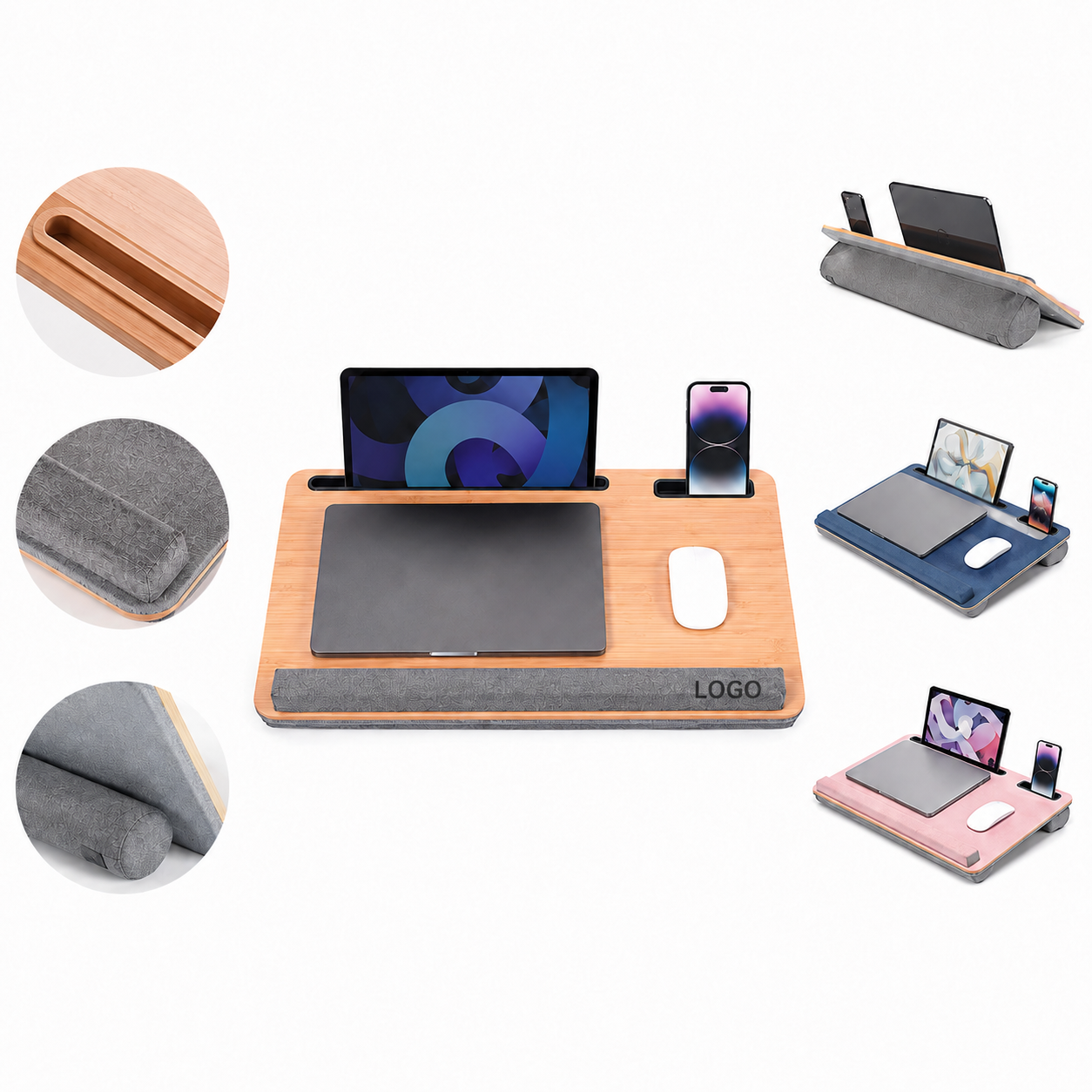 Sustainable Bamboo Portable Workstation with Cushion Base and Media Slots