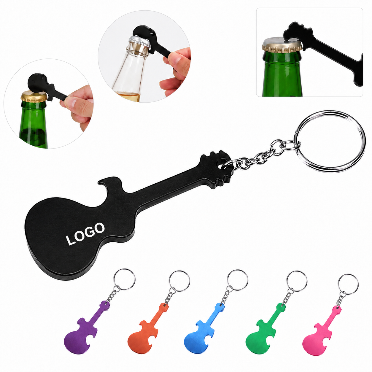 Guitar Shaped Aluminum Bottle Opener Keychain with Split Ring