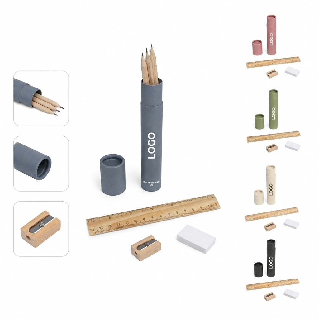 Natural Wood 6-Piece Stationery Set in Recycled Paper Tube