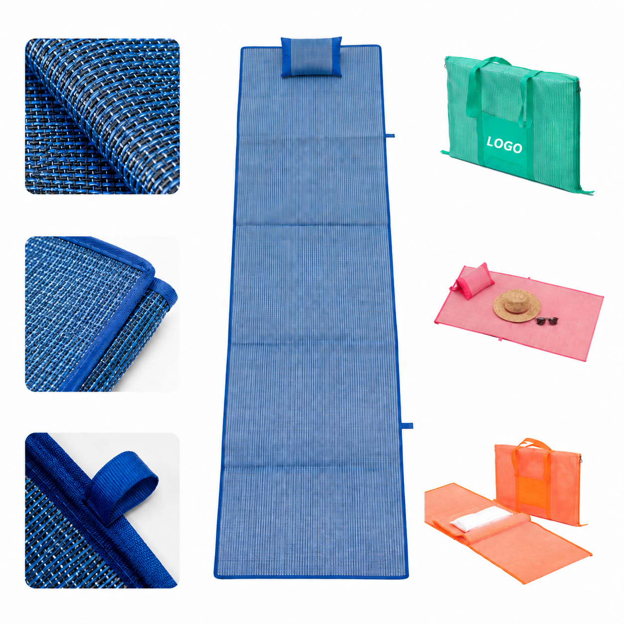 Foldable Woven Beach Mat Tote with Integrated Inflatable Pillow