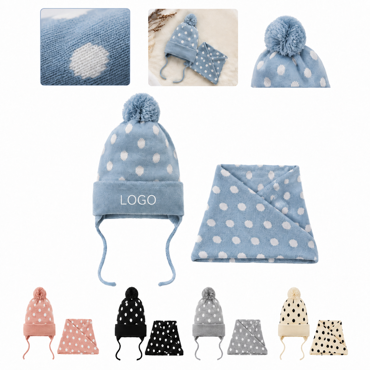 Patterned Infant Knitted Pom-Pom Beanie and Scarf Ensemble