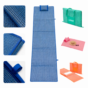 Foldable Woven Beach Mat Tote with Integrated Inflatable Pillow