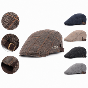 Classic Herringbone Pattern Wool Blend Flat Cap with Adjustable Side Buckle